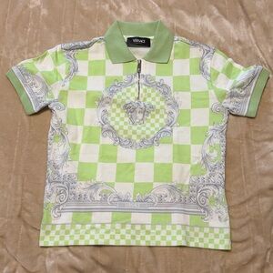 Versace Kids Lime Green & White Checker Polo with Medusa Motif. Size 6